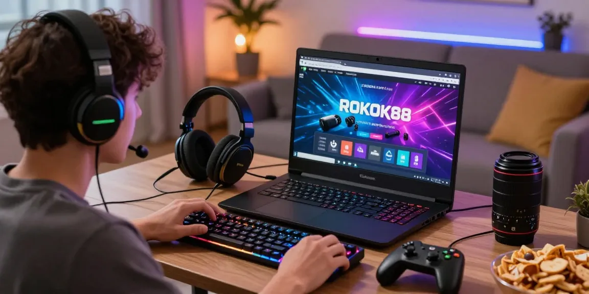 Engaging scene of a user accessing rokok88 link login on a laptop in a cozy gaming environment.
