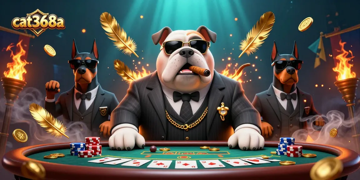 Experience thrilling poker gameplay with cat368a featuring a mafia bulldog and Doberman bodyguards.