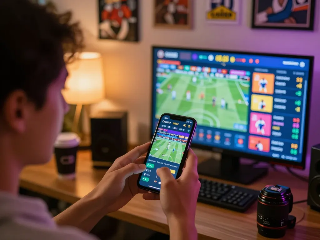 Engaging in sports betting action with Lode88 on a smartphone, showcasing live betting odds and sports events.