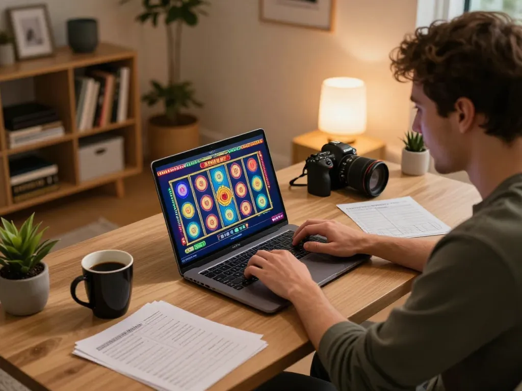 Engaged player enjoying online slots at https://dn882.pro/ with vibrant visuals and cozy atmosphere