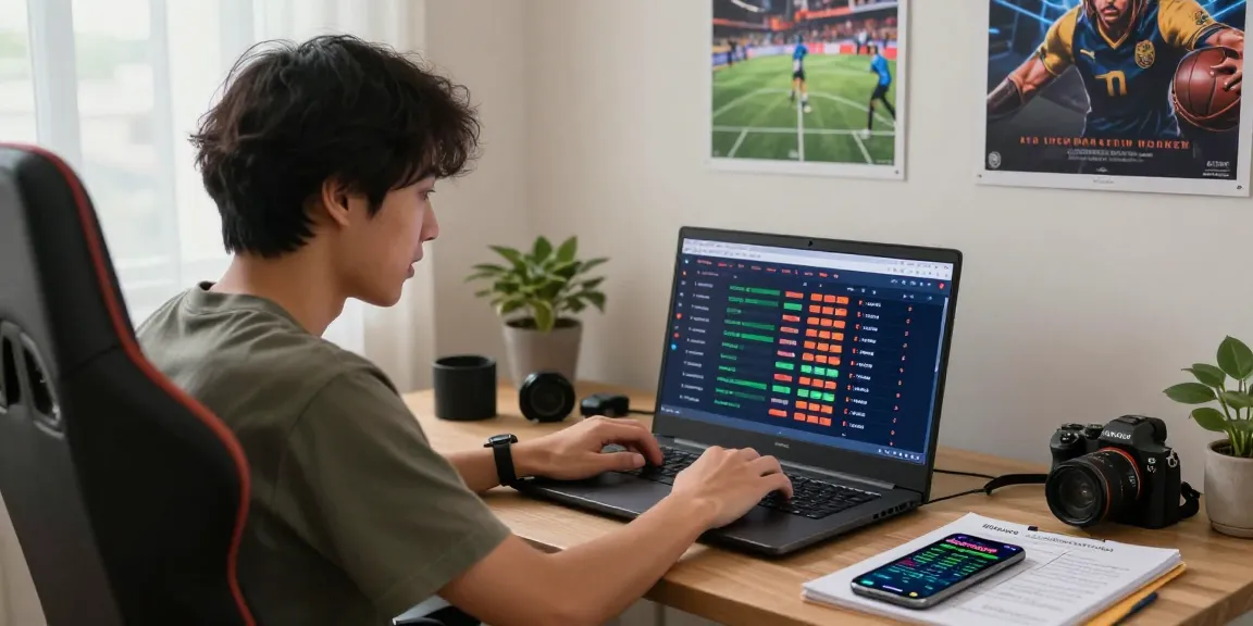Player actively exploring rokok88 link alternatif options on a laptop in a modern home office setting, emphasizing excitement in online gaming.