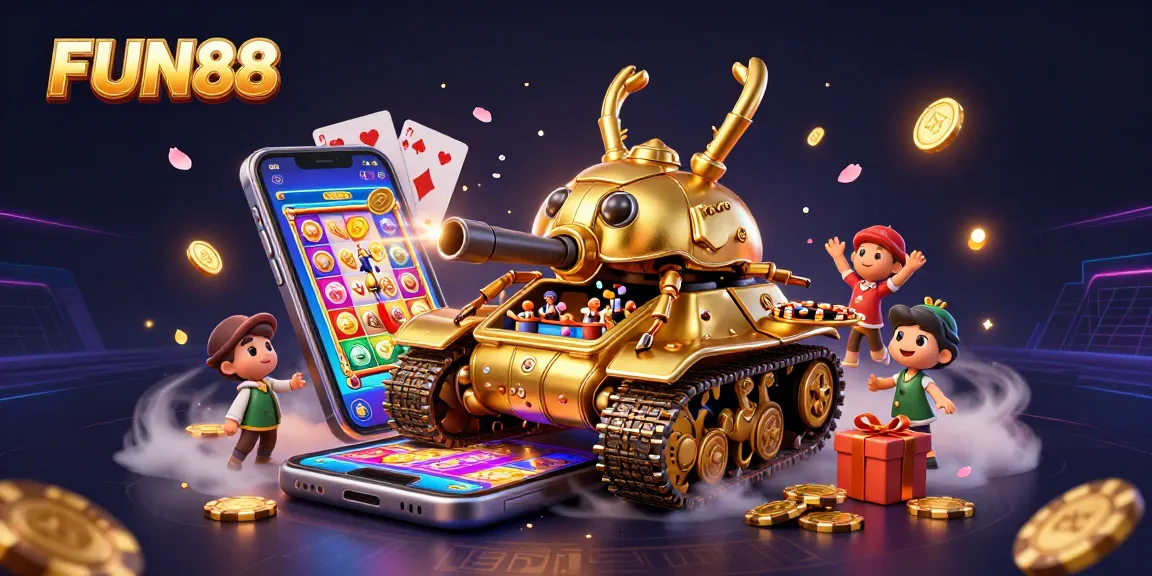 Engage in the vibrant FUN88 casino experience with a golden beetle tank revealing a miniature gaming world.