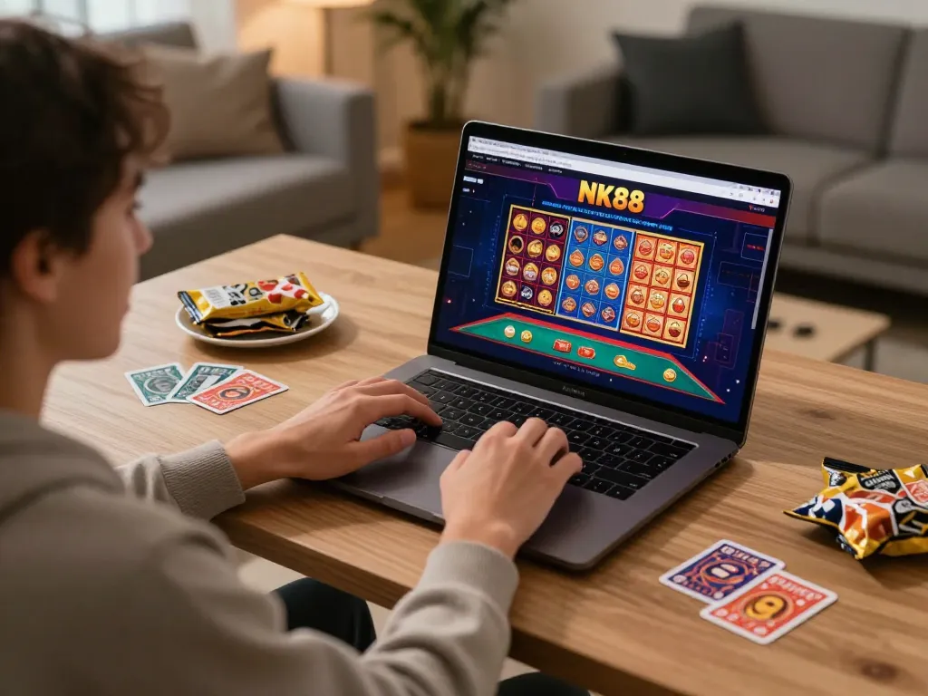 Engaging online gaming experience at home with the NK88 casino interface displayed, showcasing strategic gameplay.