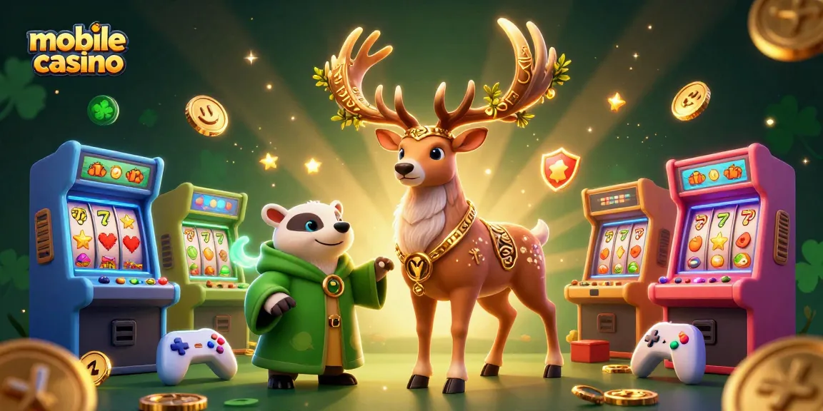Engage with a captivating mobile casino scene featuring a druid stag, wise badger, and vibrant casino elements.