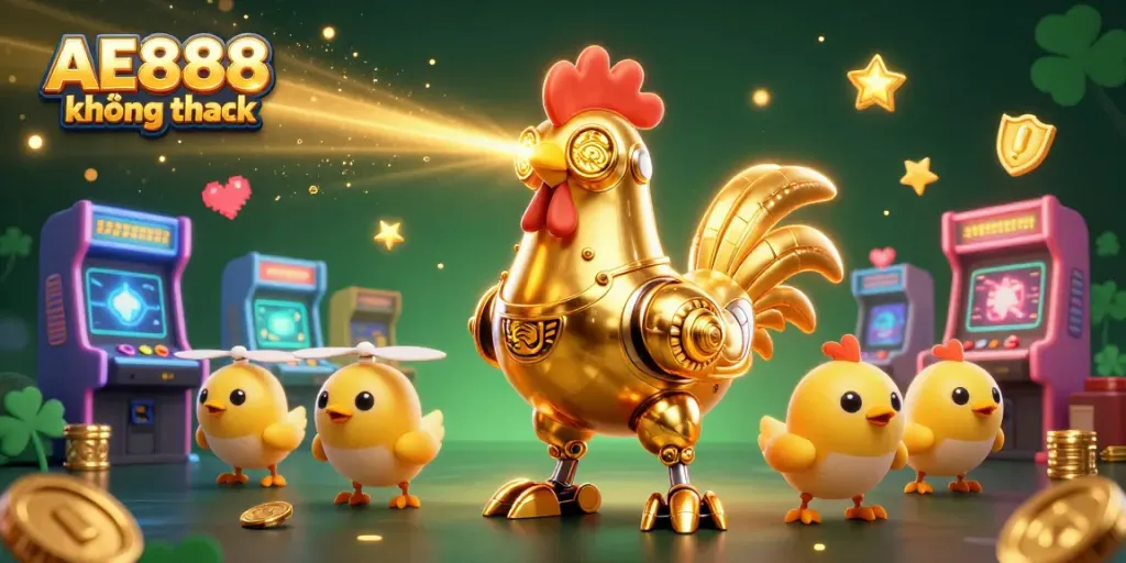 Experience AE888 không chặn with a dynamic 3D illustration featuring a golden rooster robot and arcade elements.