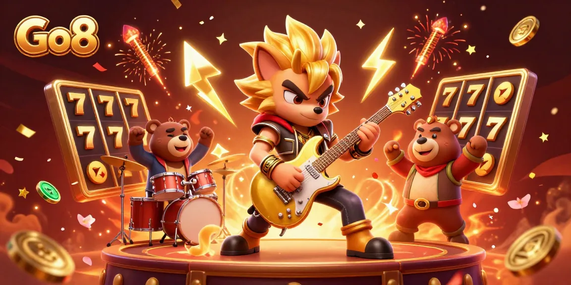 Experience excitement at Go8 with colorful slots, golden coins, and energetic characters.