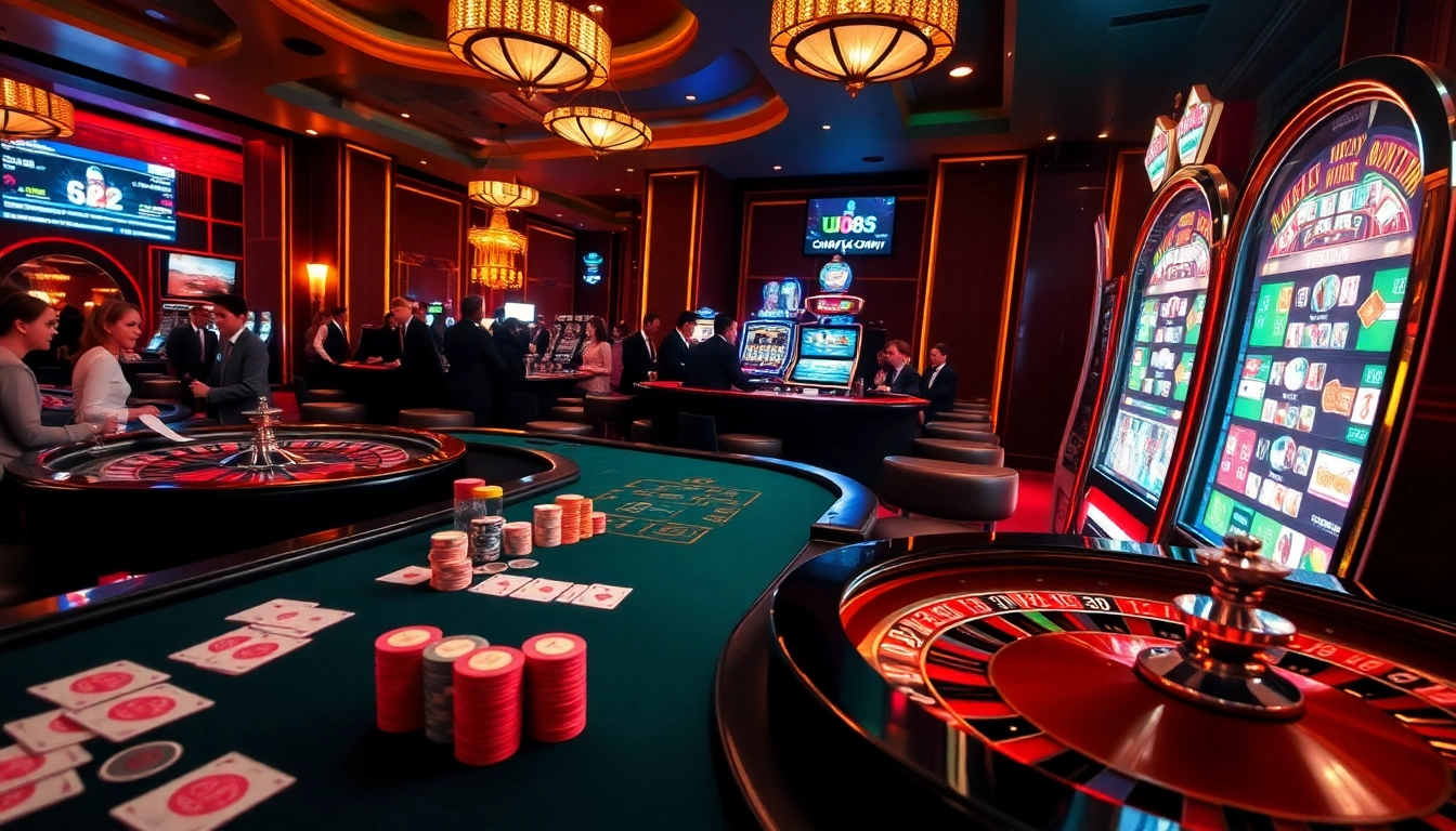 Gambling excitement at uu88.company with poker tables, roulette, and slot machines in a luxurious casino.