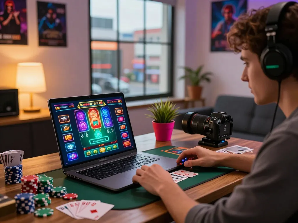 Excited player engaging in mm oo online gambling at a modern home office with gaming elements and city backdrop.