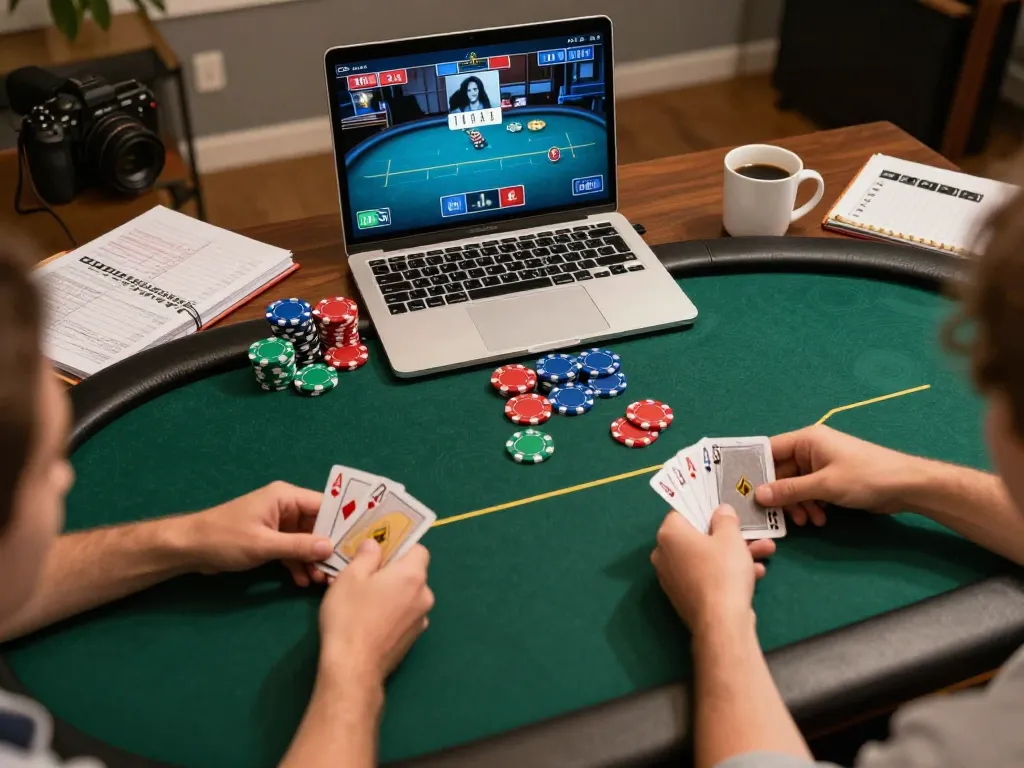 F168 players engaging intensely in online poker game with strategic chip placements and betting notes