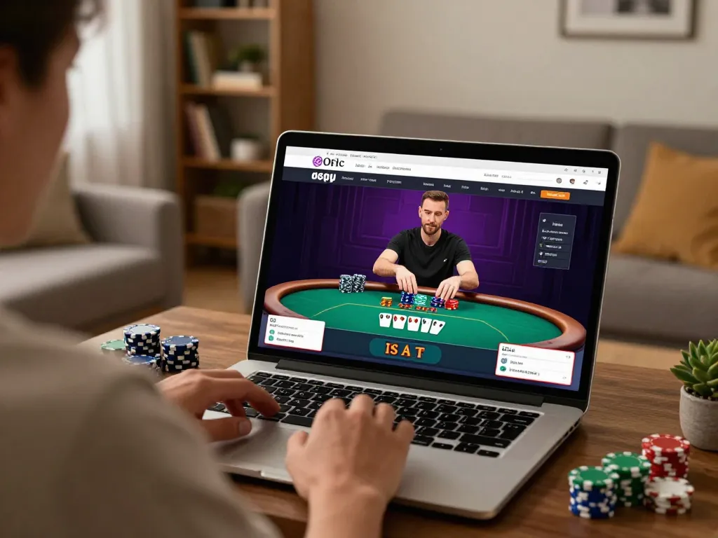 Engaging online poker gameplay at https://nk88net.com/ in a cozy living room setting, showcasing strategic action.