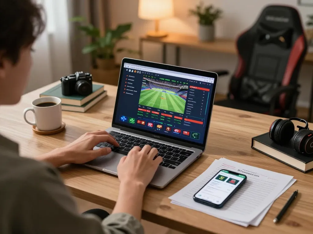Soe keo nha cai analysis in a cozy home gaming setup showcasing sports betting strategies on laptop.