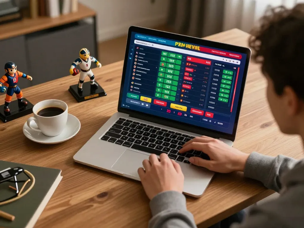 Betting on J188 with a laptop in a cozy room, showcasing live sports odds and excitement.