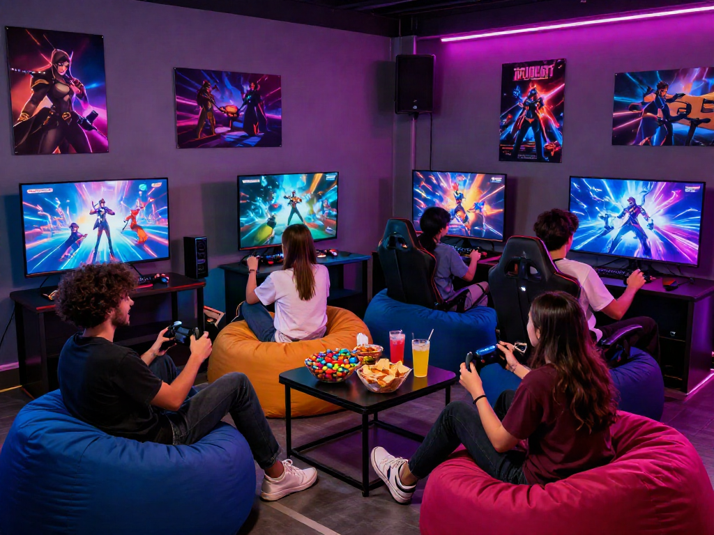Exciting gaming lounge with friends enjoying porn games together