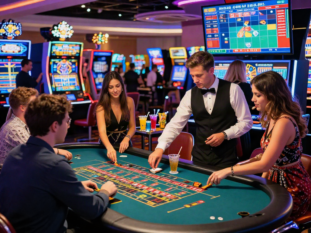 Exciting casino ambiance featuring players at a roulette table, showcasing rokok88 link login alternatif in a vibrant gaming environment.