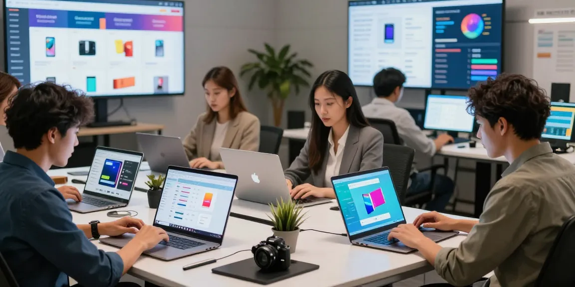 rokok88 online marketplace scene with professionals collaborating on e-commerce products in a modern workspace
