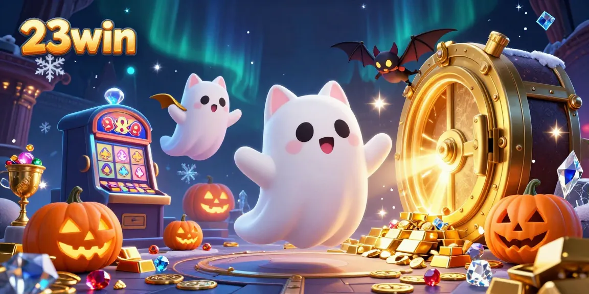 Engage in thrilling wins at 23win's vibrant haunted casino with sparkling treasures and playful characters.
