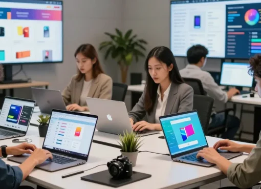 rokok88 online marketplace scene with professionals collaborating on e-commerce products in a modern workspace